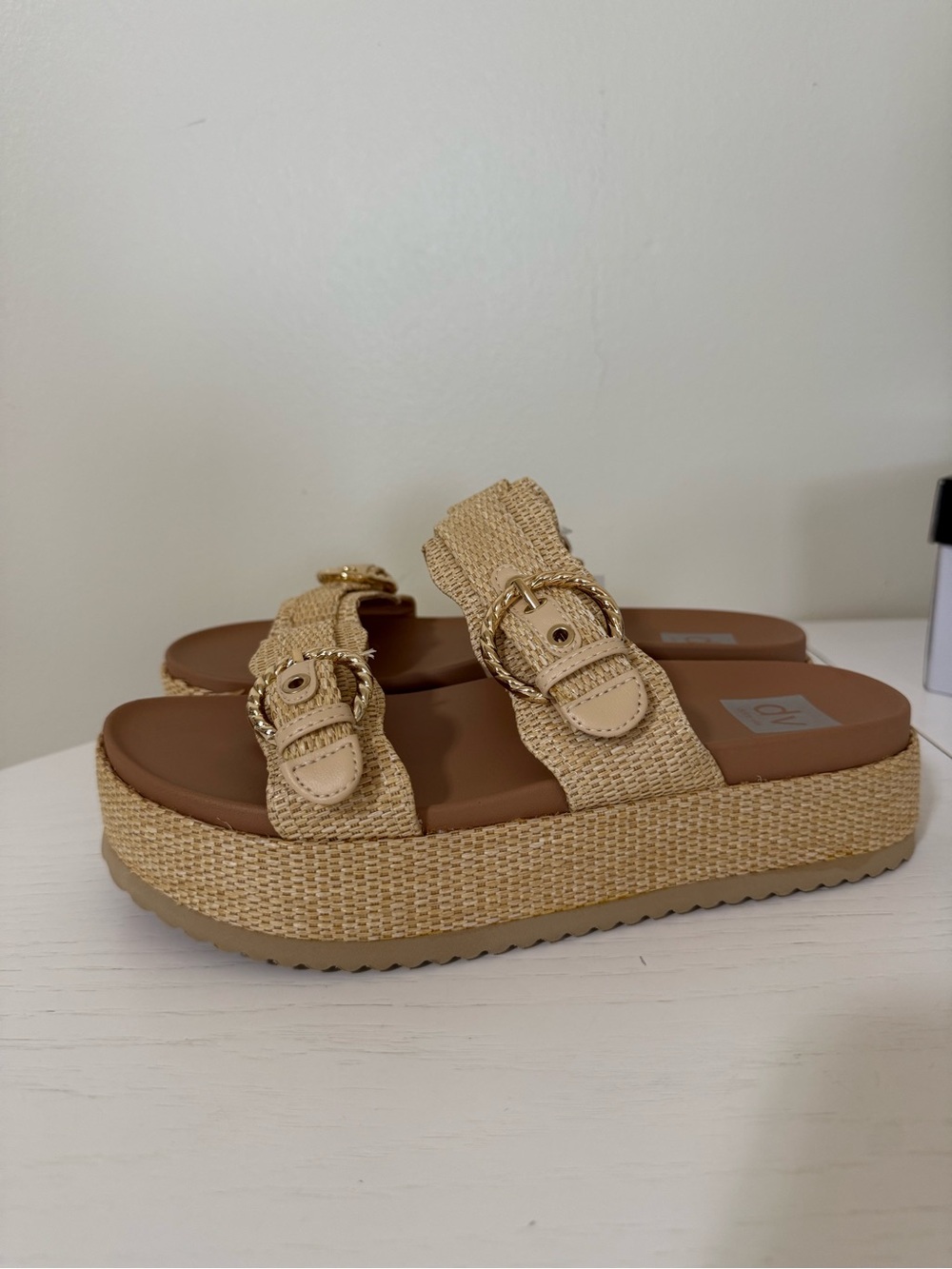 Dolce Vita Sheree Woven Beige Platform Slide Sandals with Gold Buckles